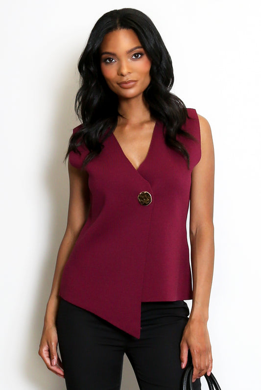 Wine Fine Knit One Button Asymmetric Waistcoat