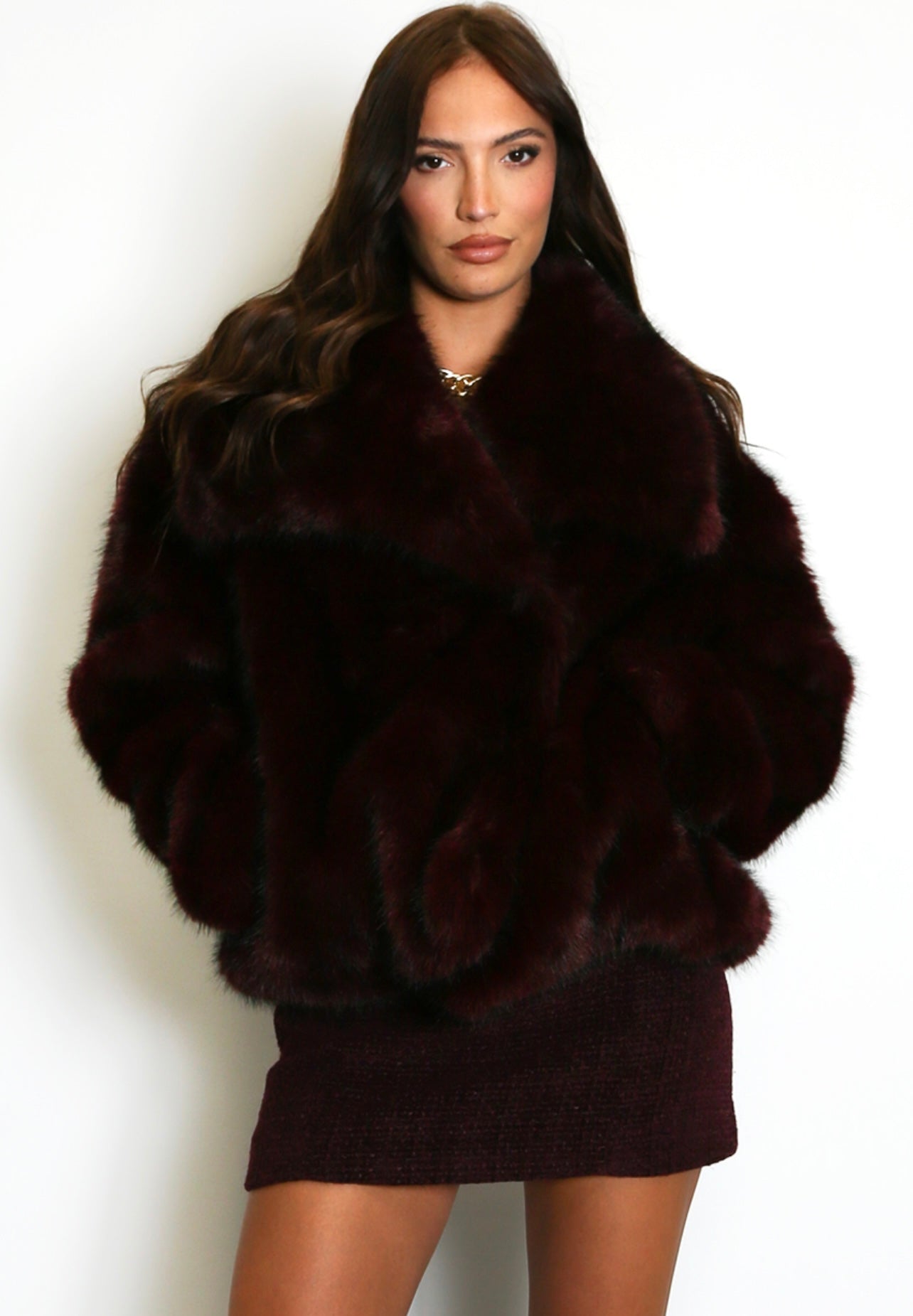 Wine Oversized Lapel Faux Fur Jacket