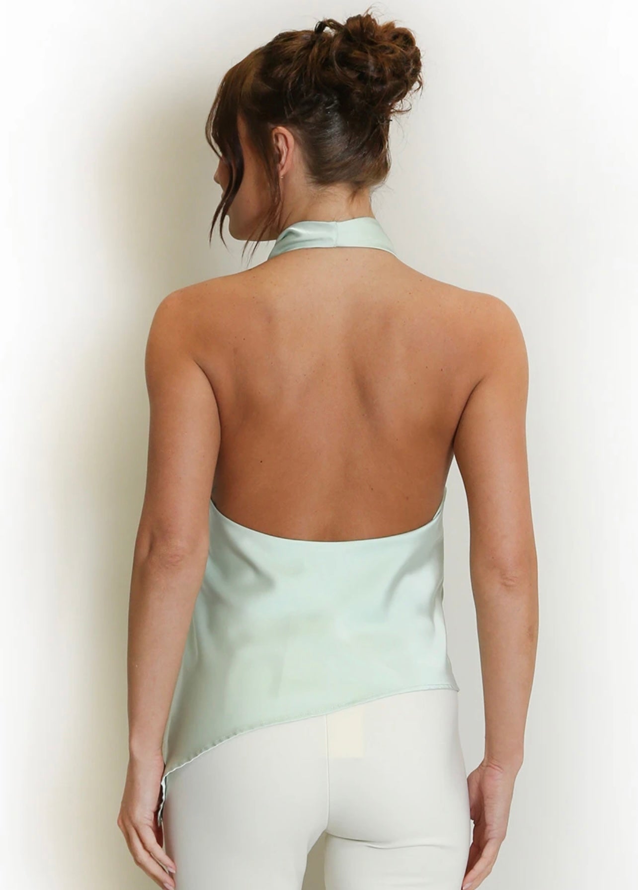 Mint Green Cowl Halter Neck Asymmetric Blouse