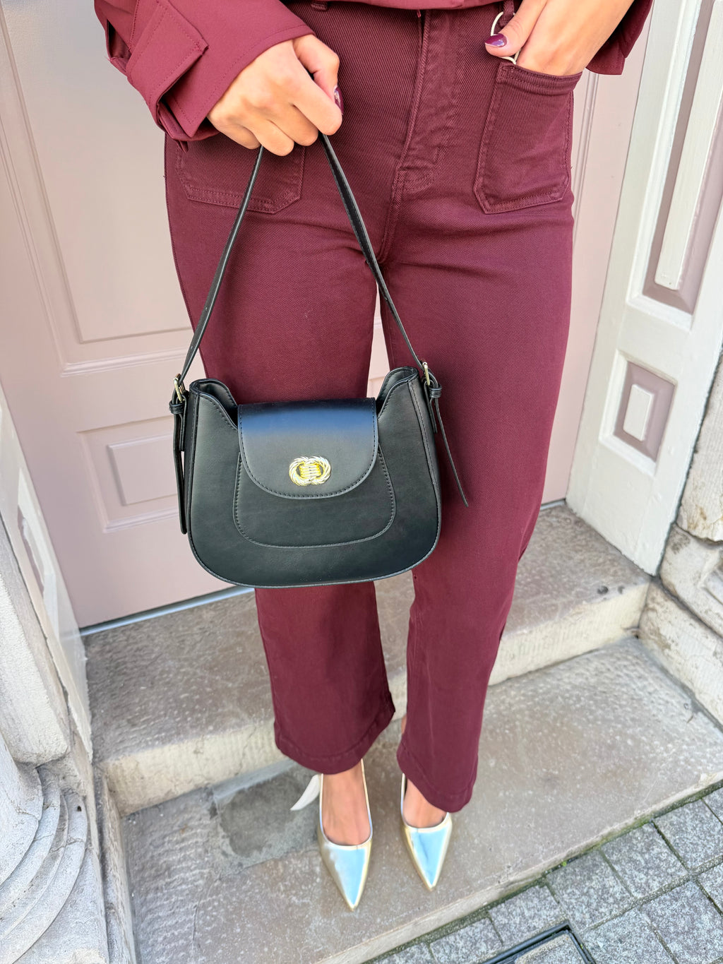 Black Gold Detail Badge Shoulder Handbag