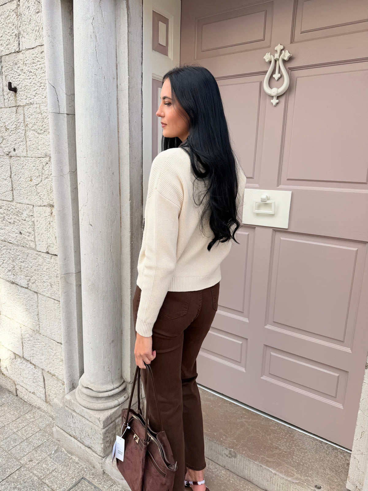 Knitted Jumper With Brown Leather Collar And Pocket Detail