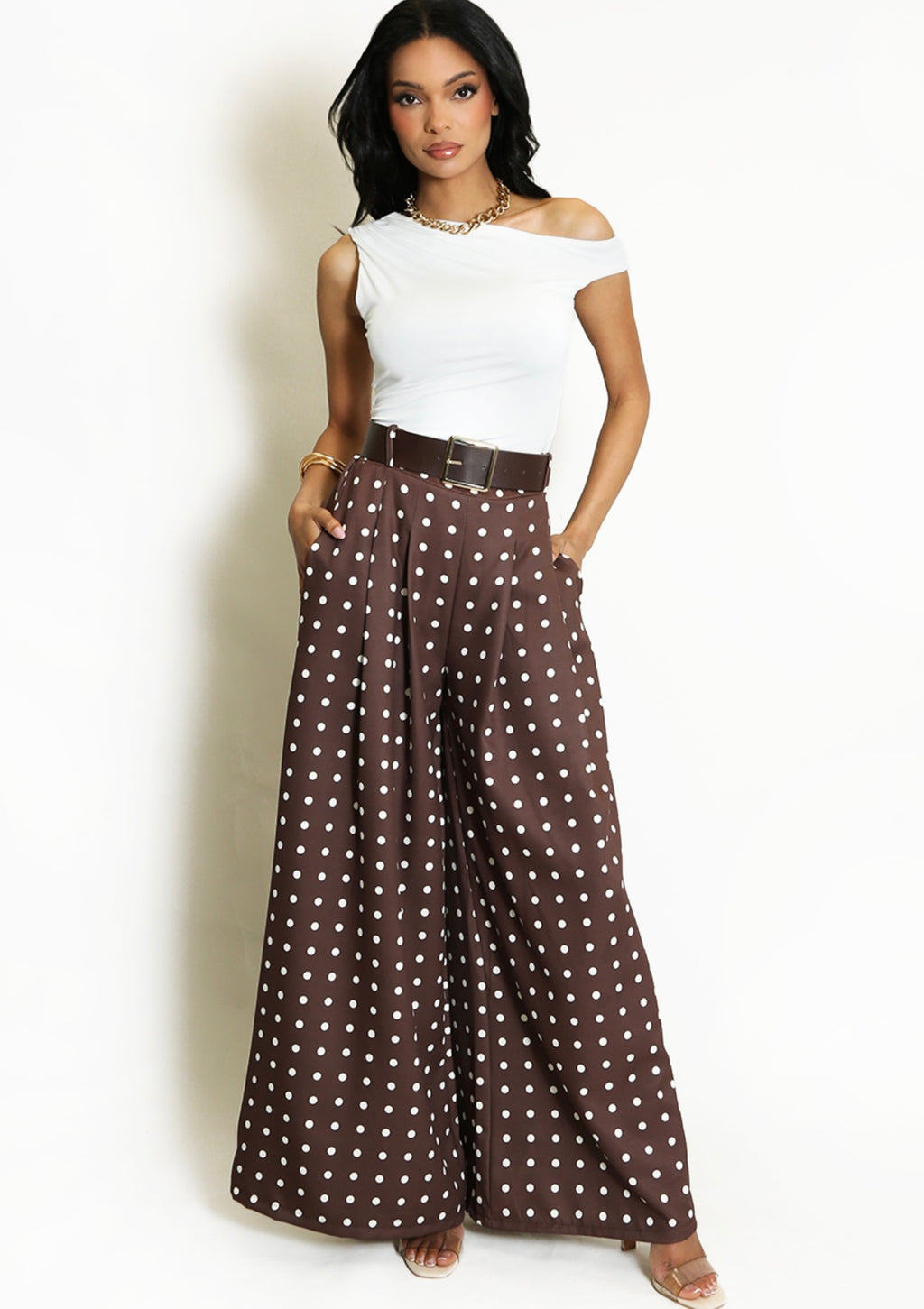 Brown Polka Dots Wide Leg Belted Trousers