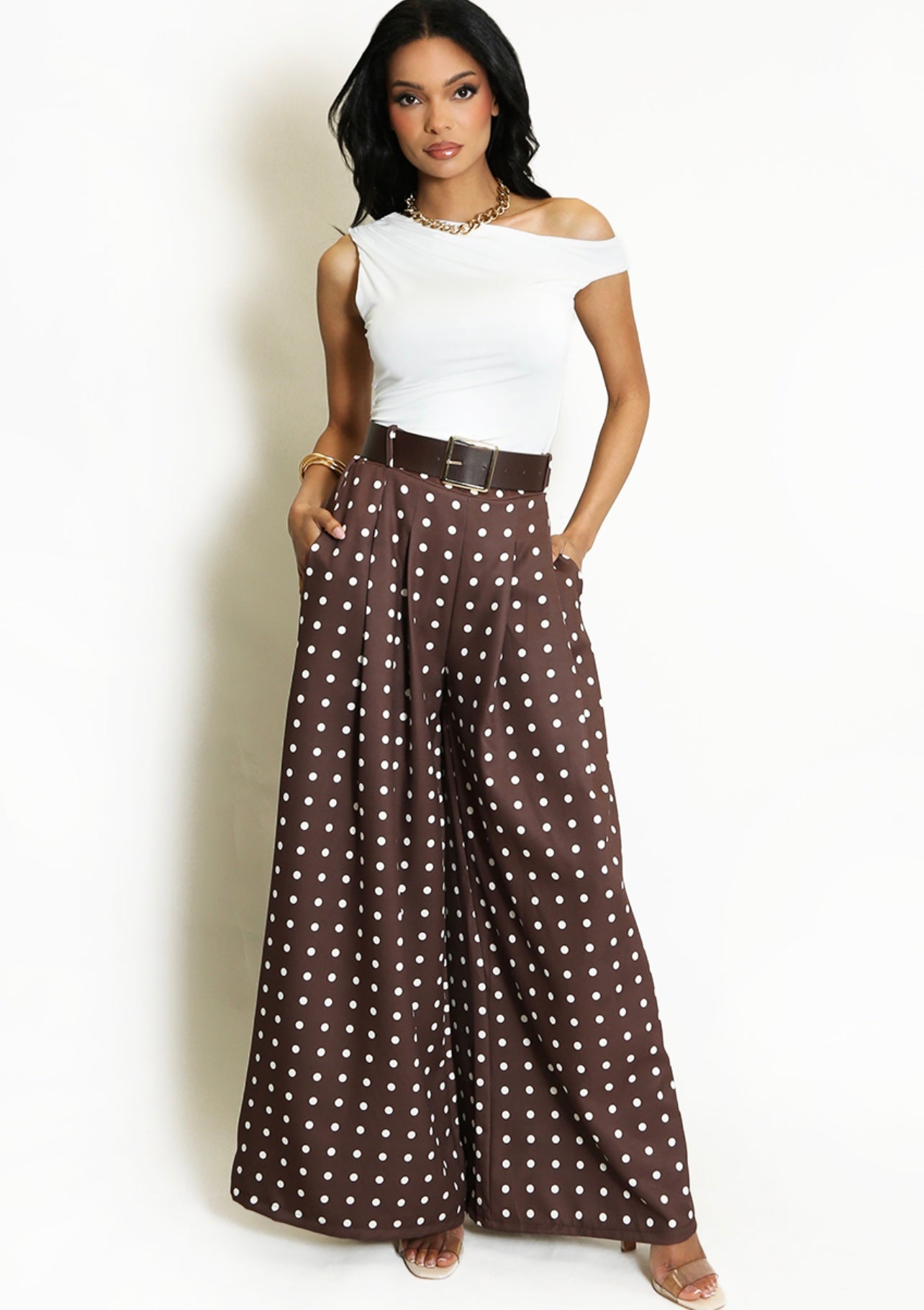 Brown Polka Dots Wide Leg Belted Trousers