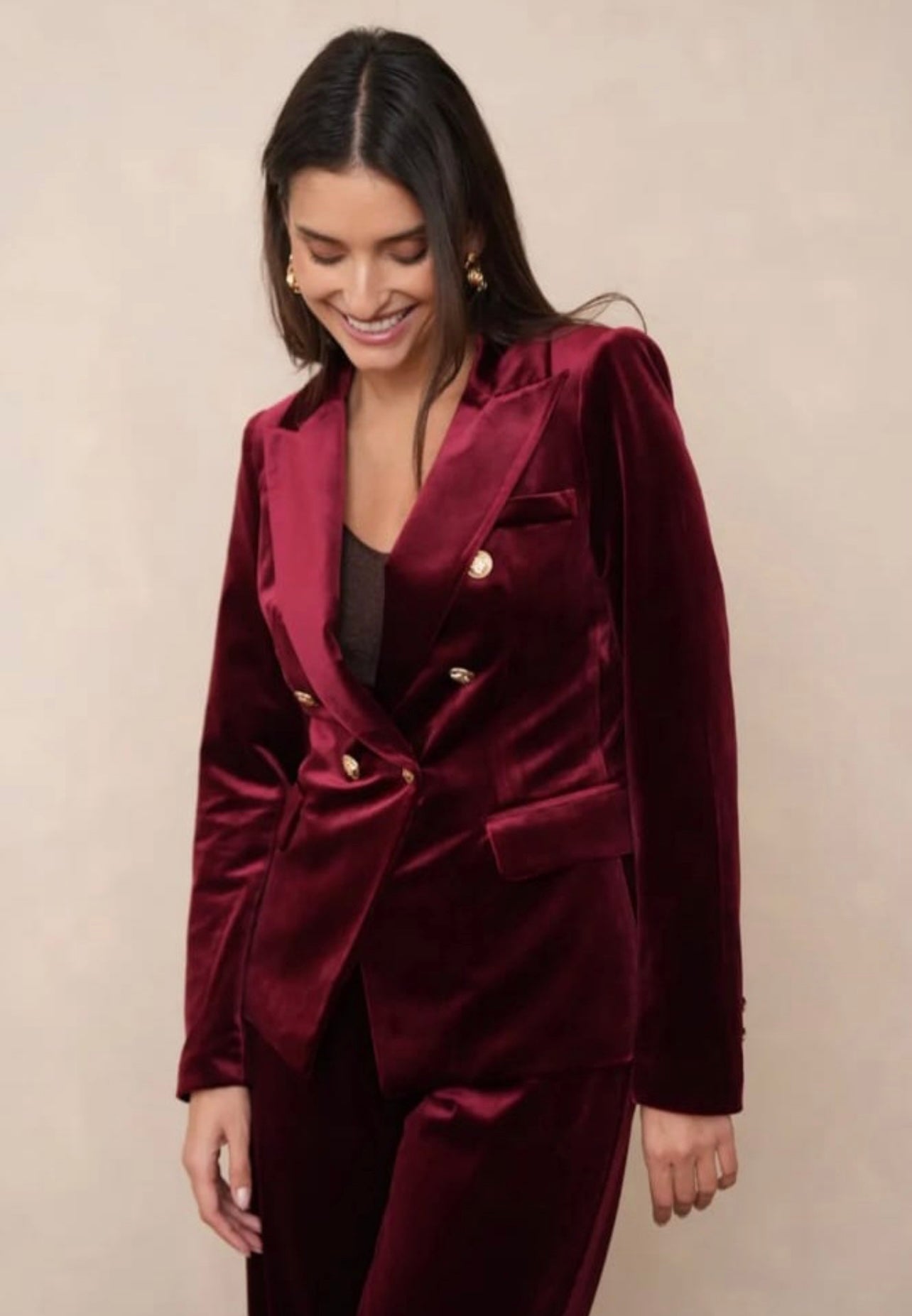 Wine Velvet Double Breast Golden Button Blazer