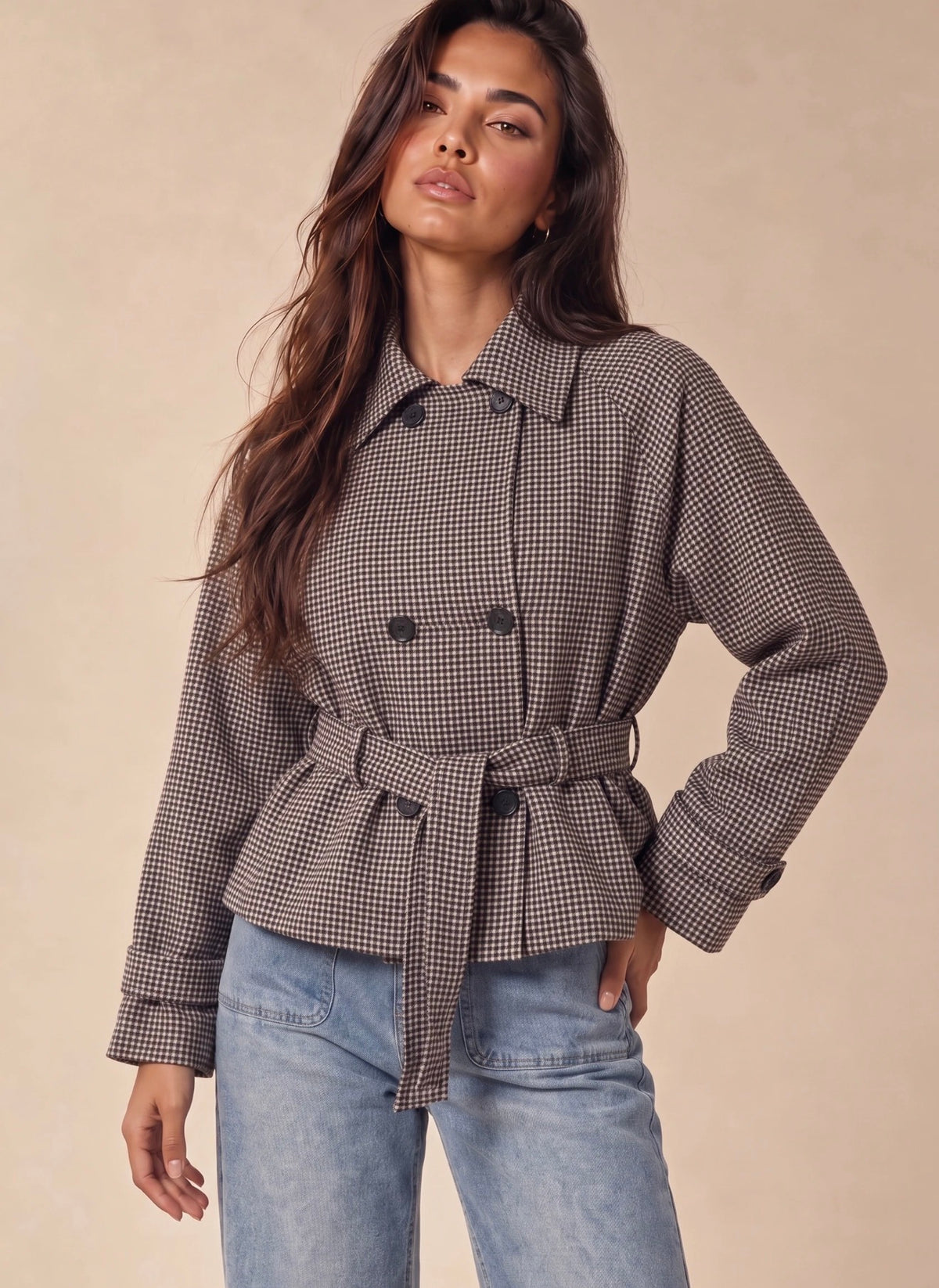 Black Check Plaid Cropped Trench Coat
