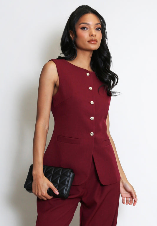 Burgundy Tailored Button Front Waist Coat