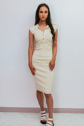 Cream Ruched Button Detail Knit Midi Dress