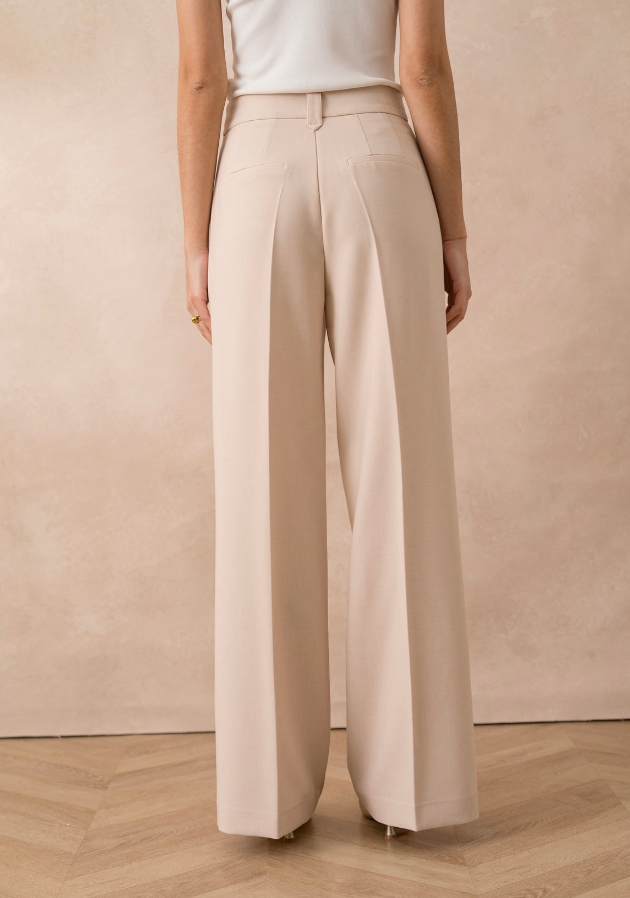 Beige Tailored Single Pleat Wide Leg Trousers