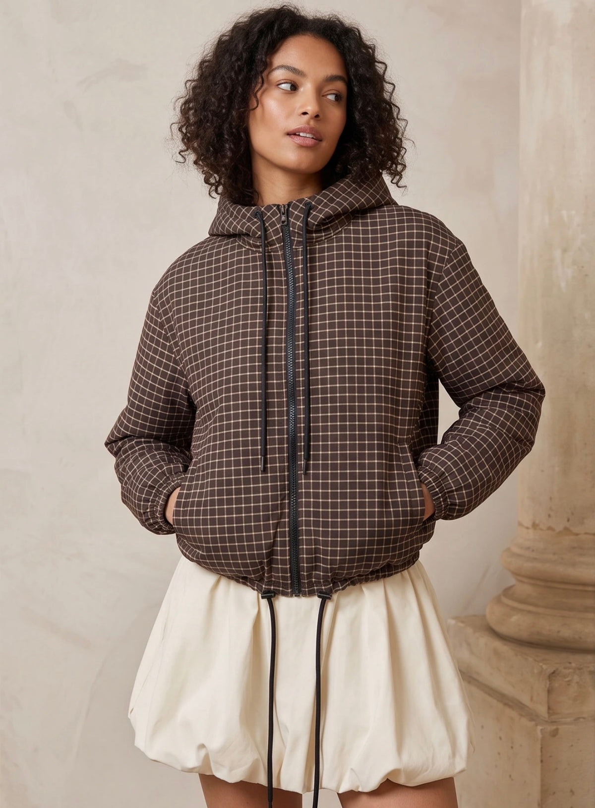 Brown Grid Check Hooded Jacket