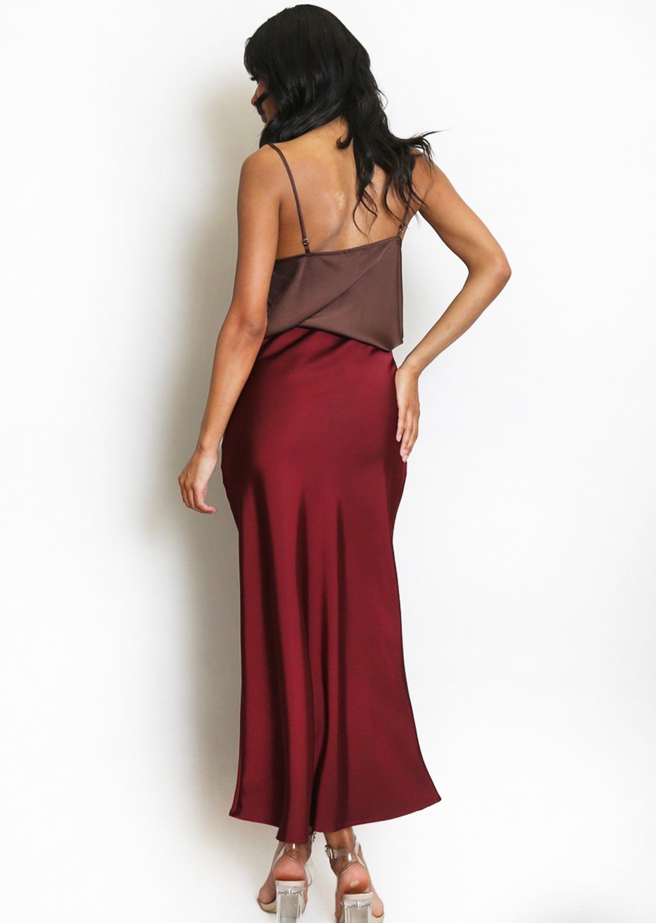 Wine Satin Bias Cut Flowing Maxi Skirt