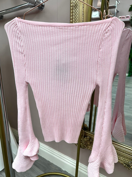 Baby Pink Ribbed Flare Sleeve Knit