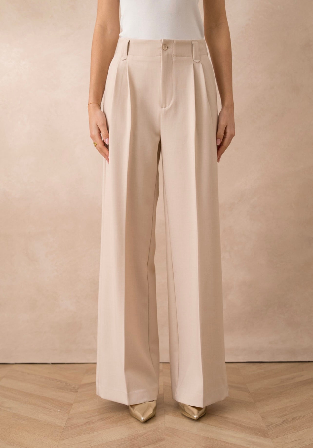 Beige Tailored Single Pleat Wide Leg Trousers