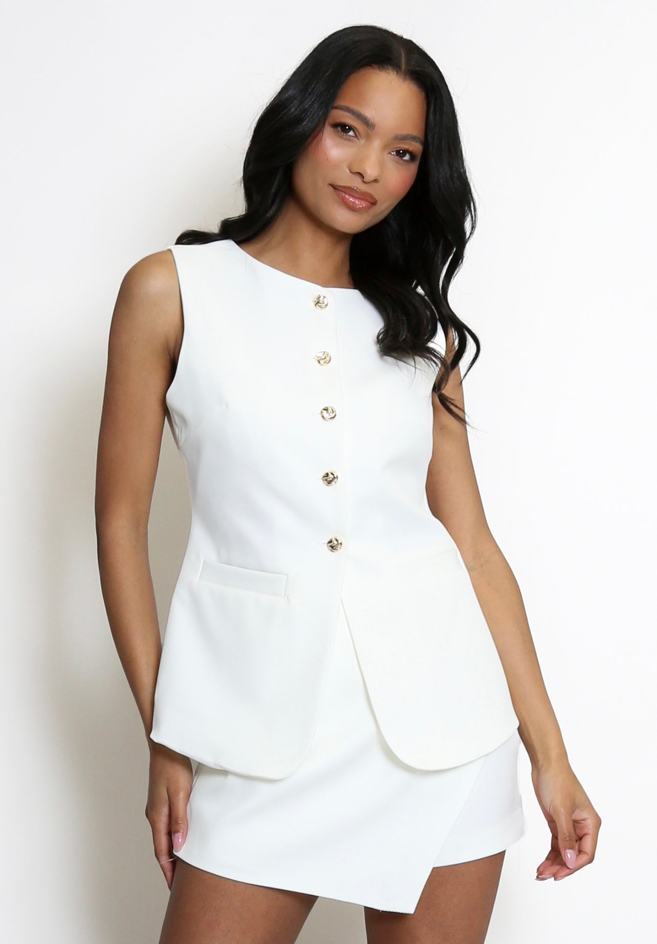 White Tailored Golden Button Waistcoat