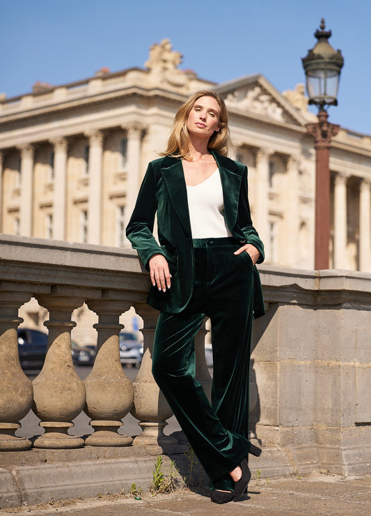 Dark Green Velvet Straight Leg Trouser