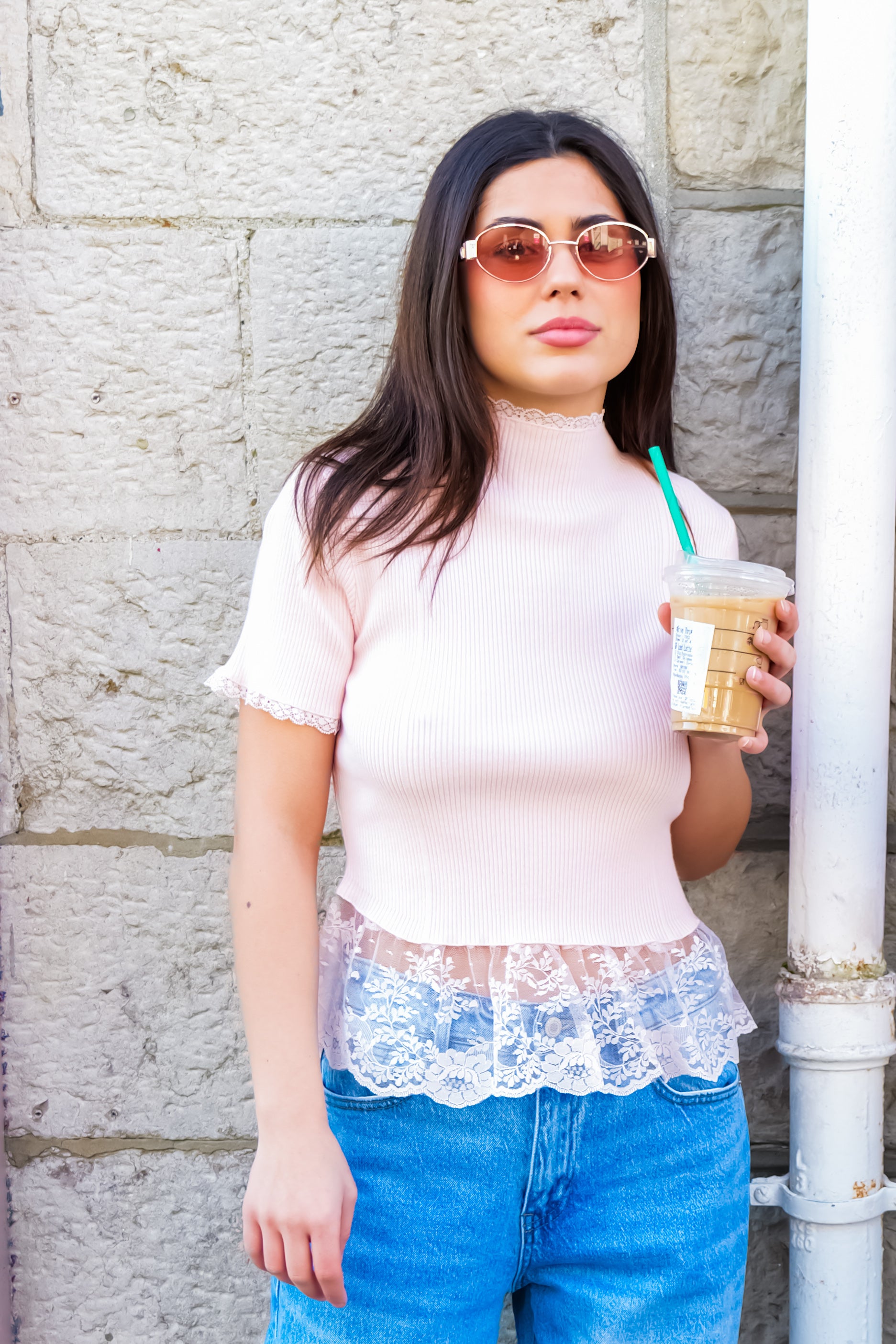 Pink Lace Detail Ribbed Top