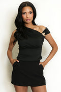 Black Asymmetric Top With Flower Buckle