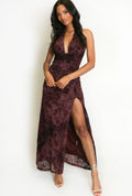 Burgundy Velvet Floral Detail Halterneck Maxi Dress