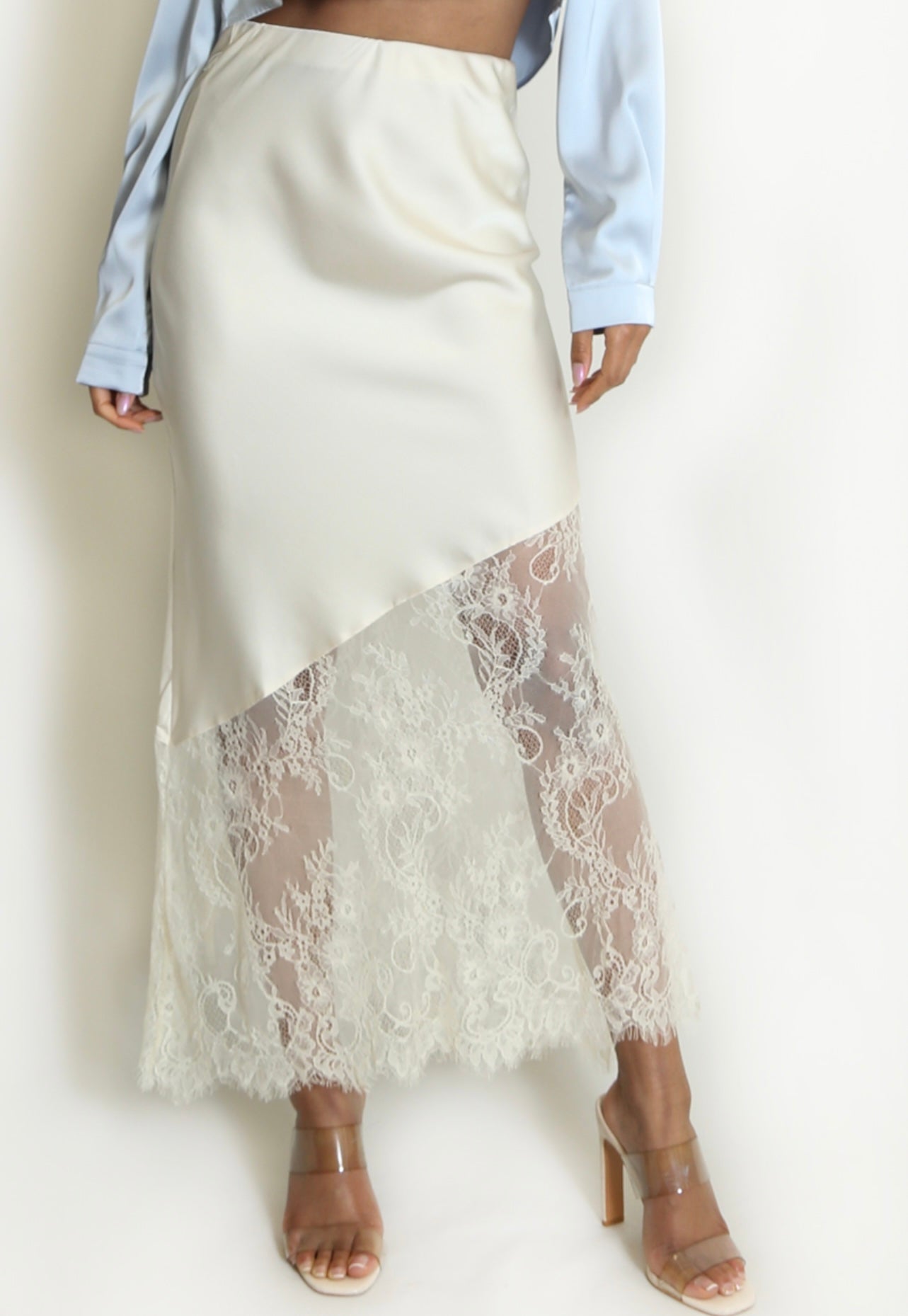 (PRE-ORDER) arriving next week Cream Asymmetric Lace Hem Satin Skirts