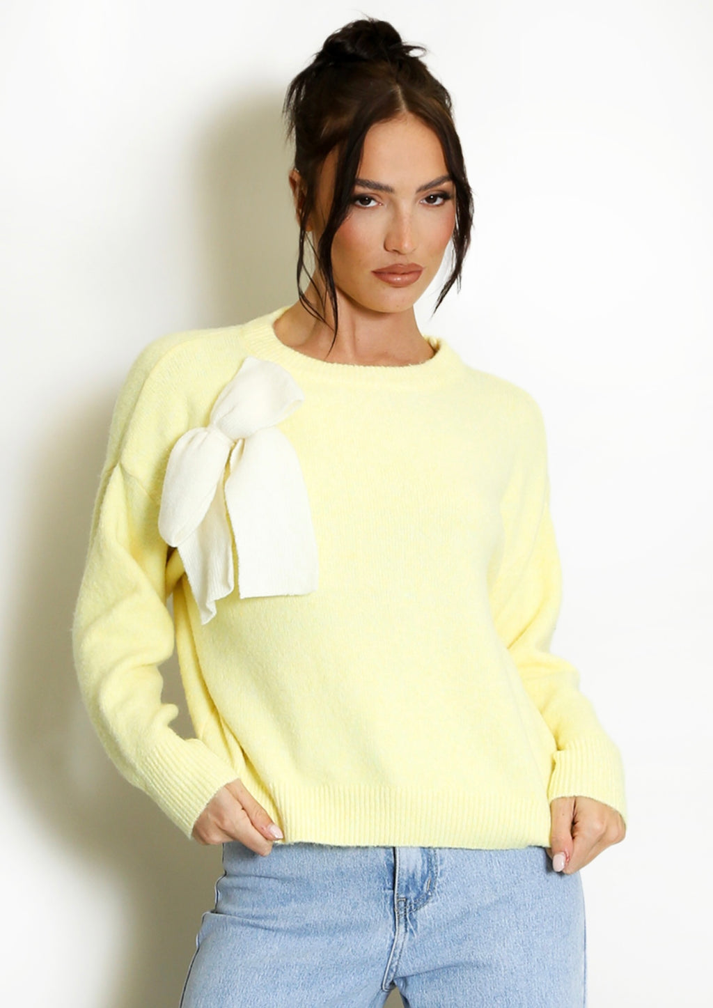 Lemon Fluffy Knit Jumper With Bow