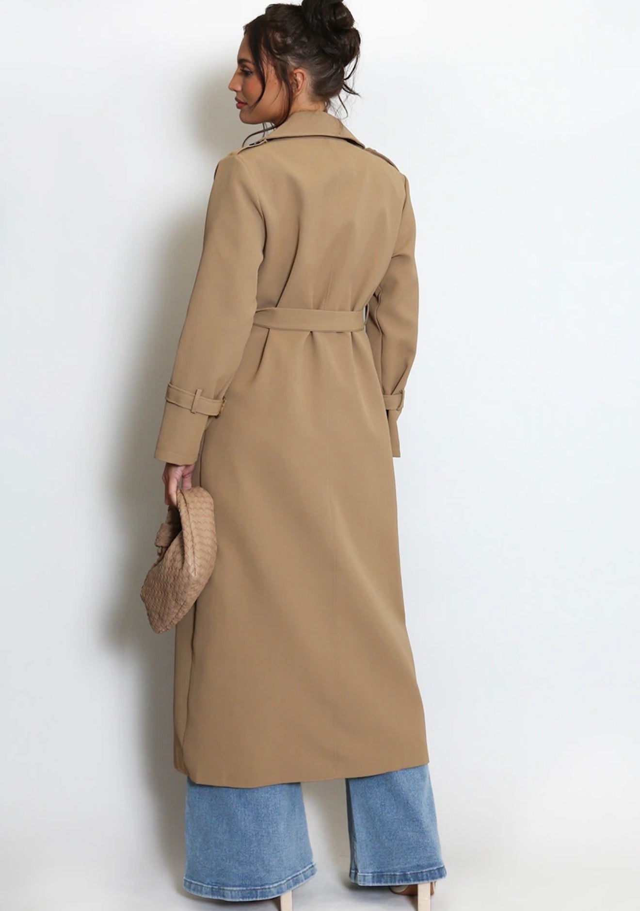 Camel Maxi Length Double Breasted Trench Coat