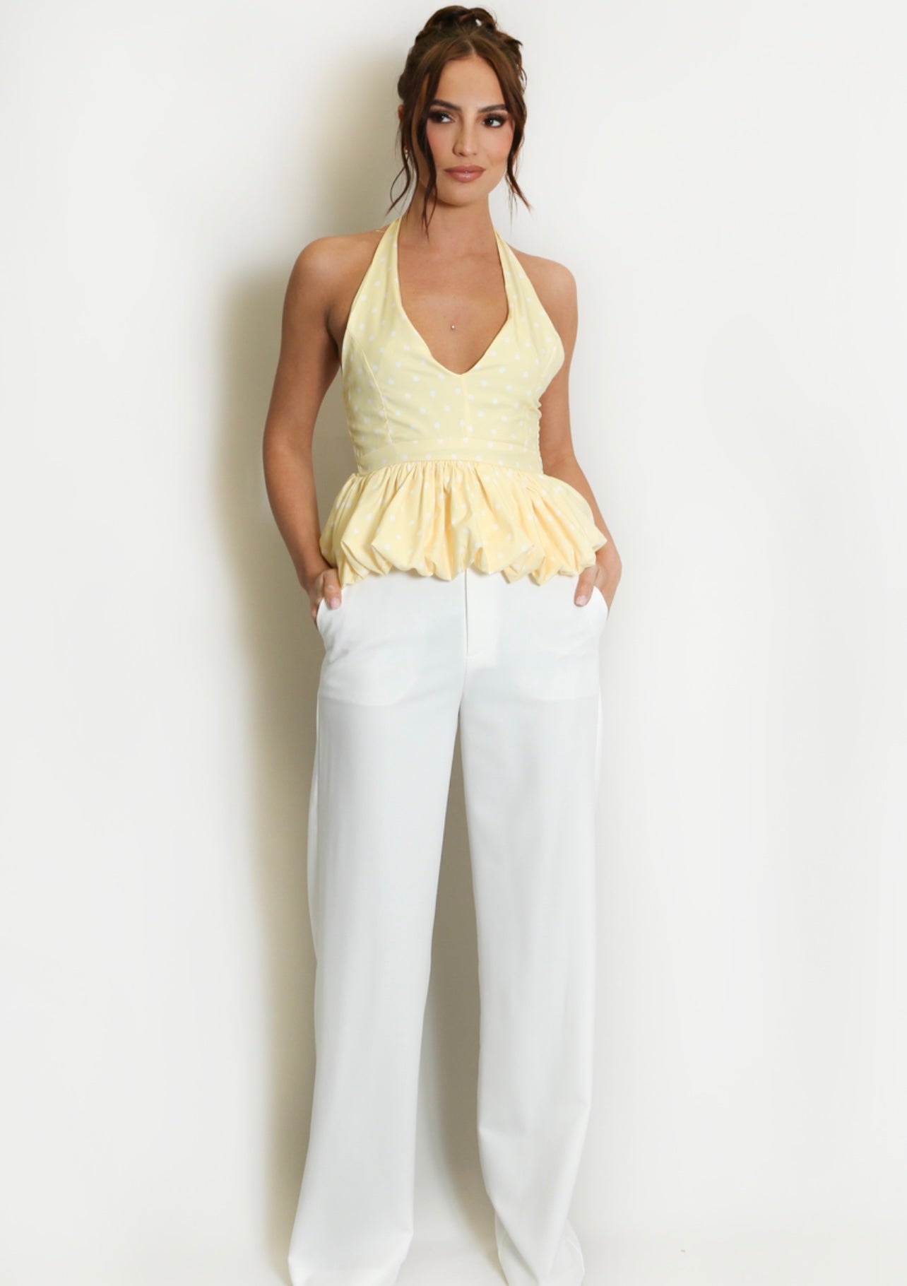 Lemon Polka Dot Peplum Bubble Hem Top
