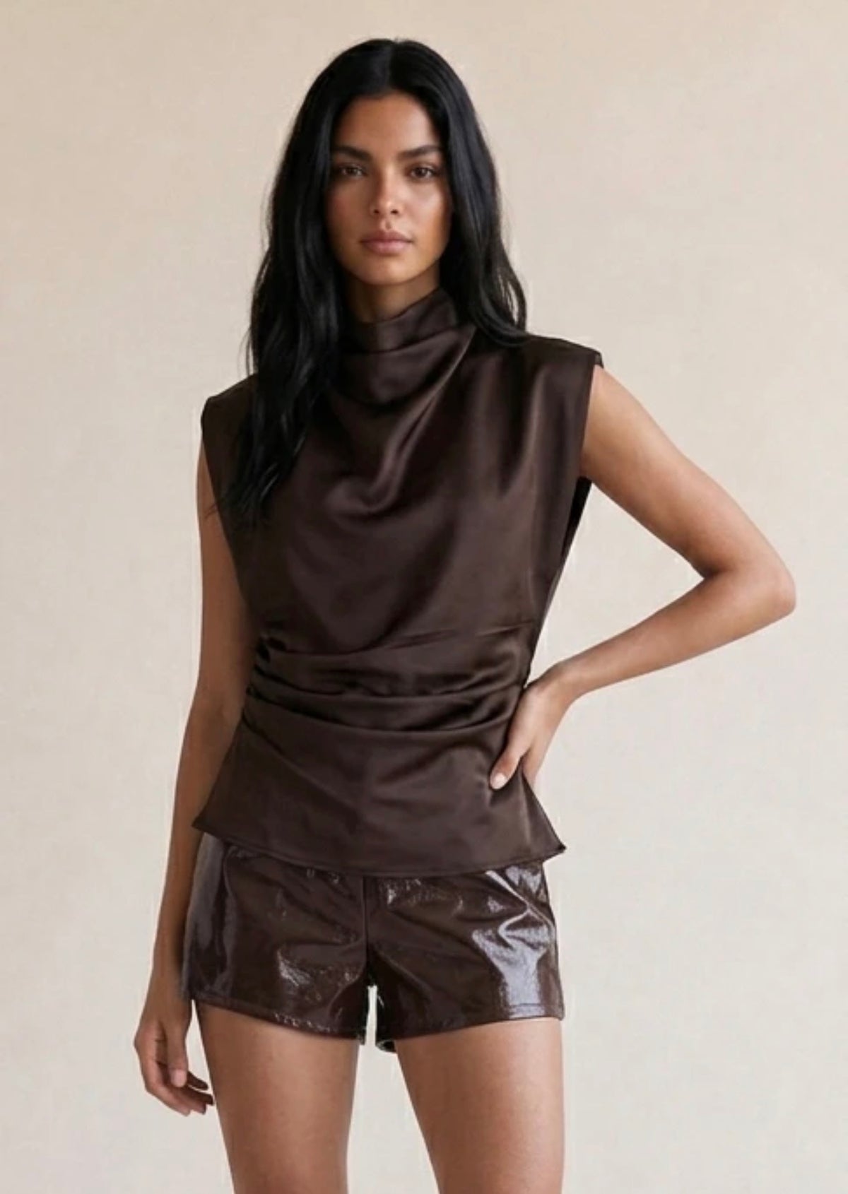 Drape Mock Neck Satin Blouse