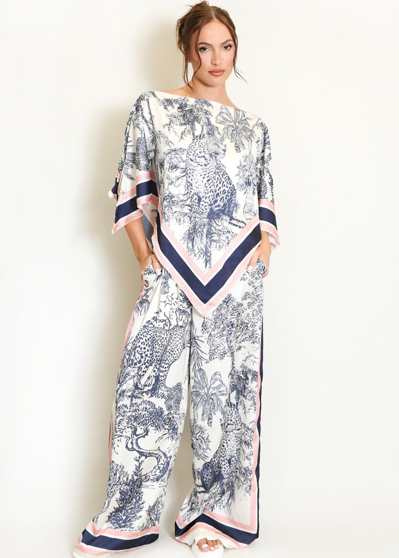 Navy Leopard Print Tunic and Trouser Set