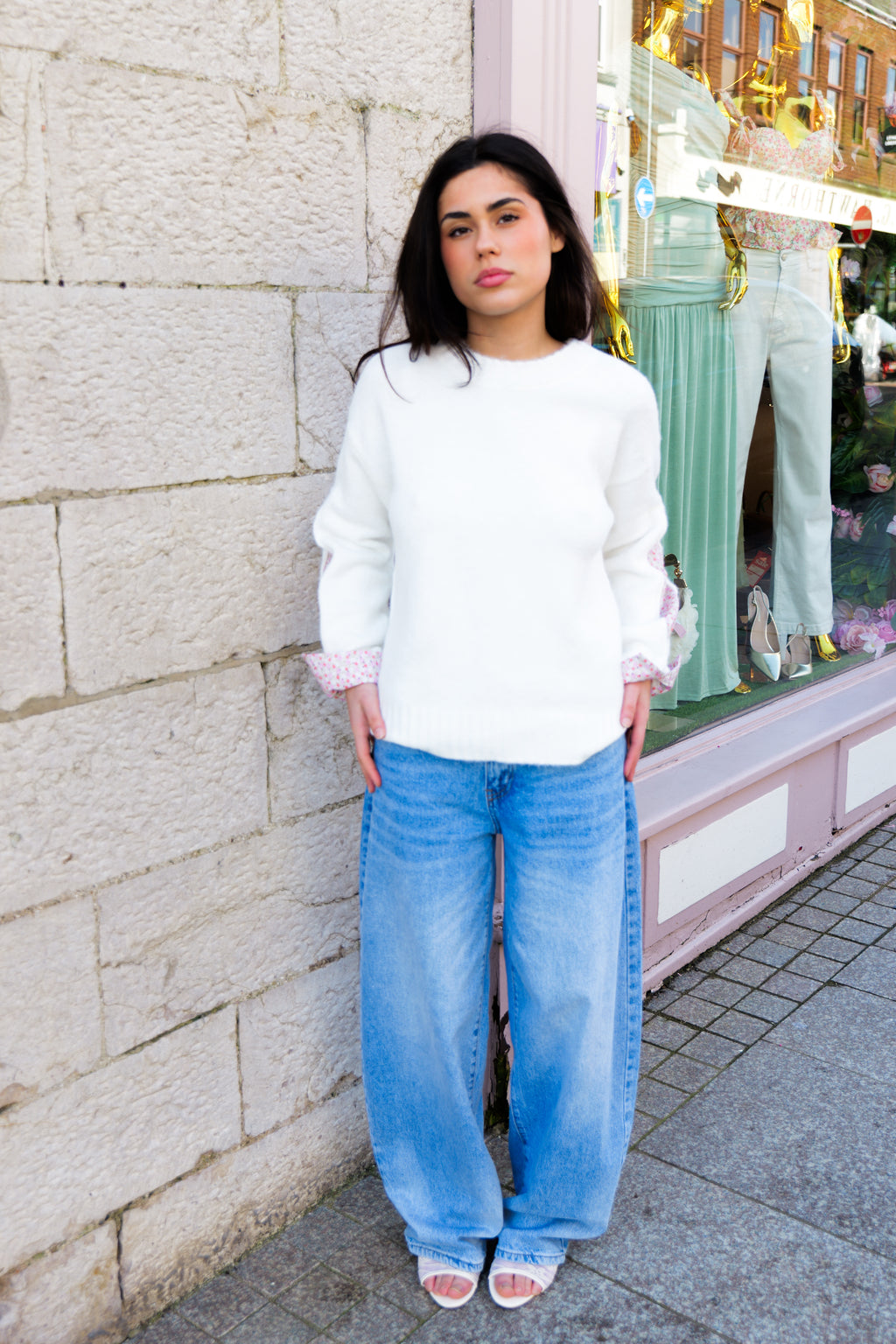 White Floral Arm And Cuff Detail Jumper