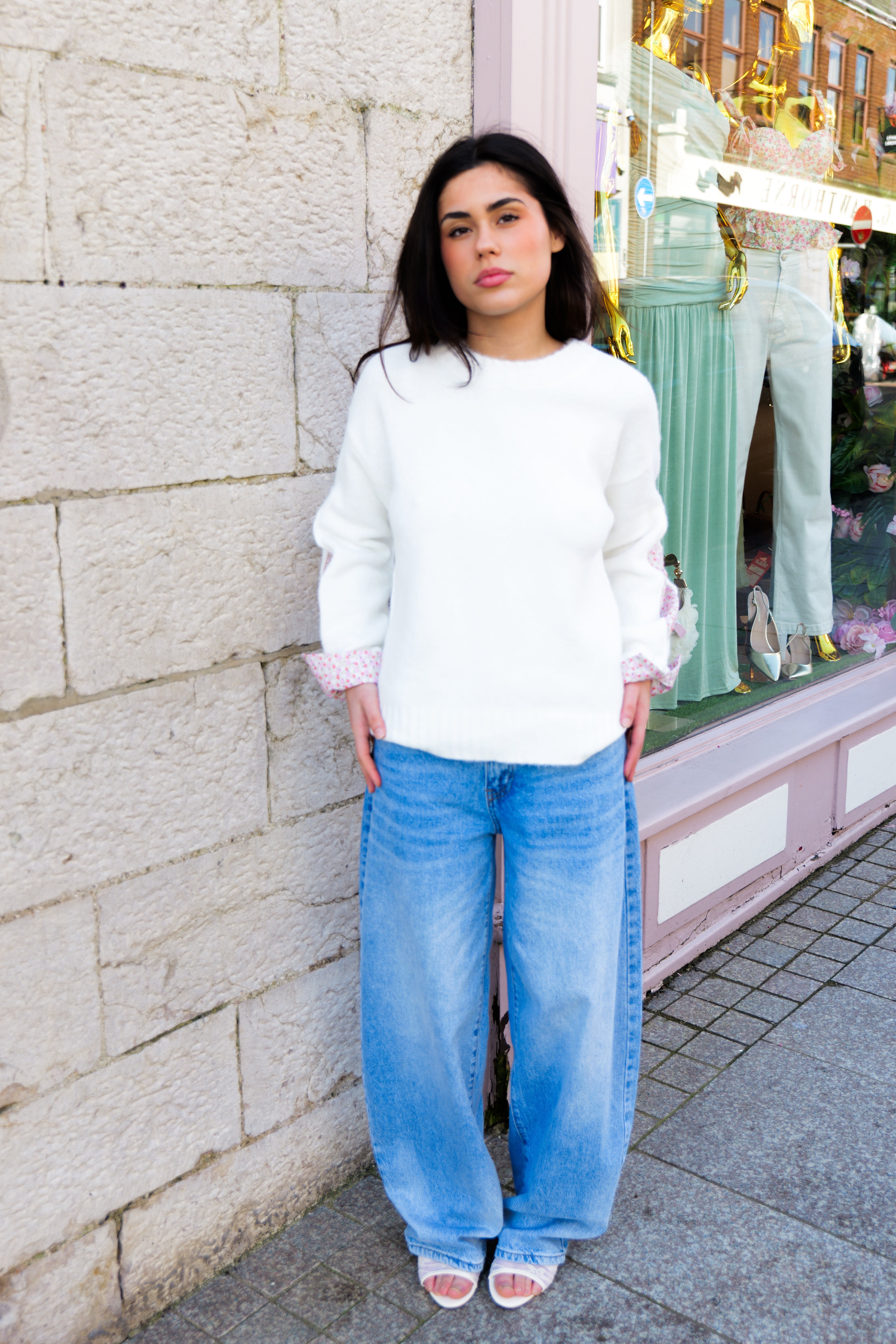 White Floral Arm And Cuff Detail Jumper