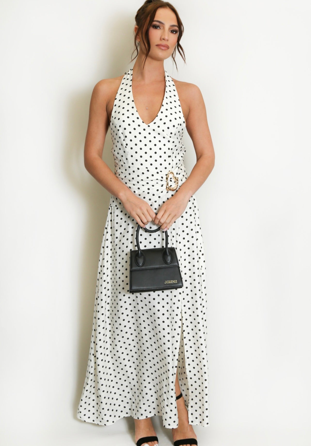 White Polka Dot Halter Neck Maxi Dress