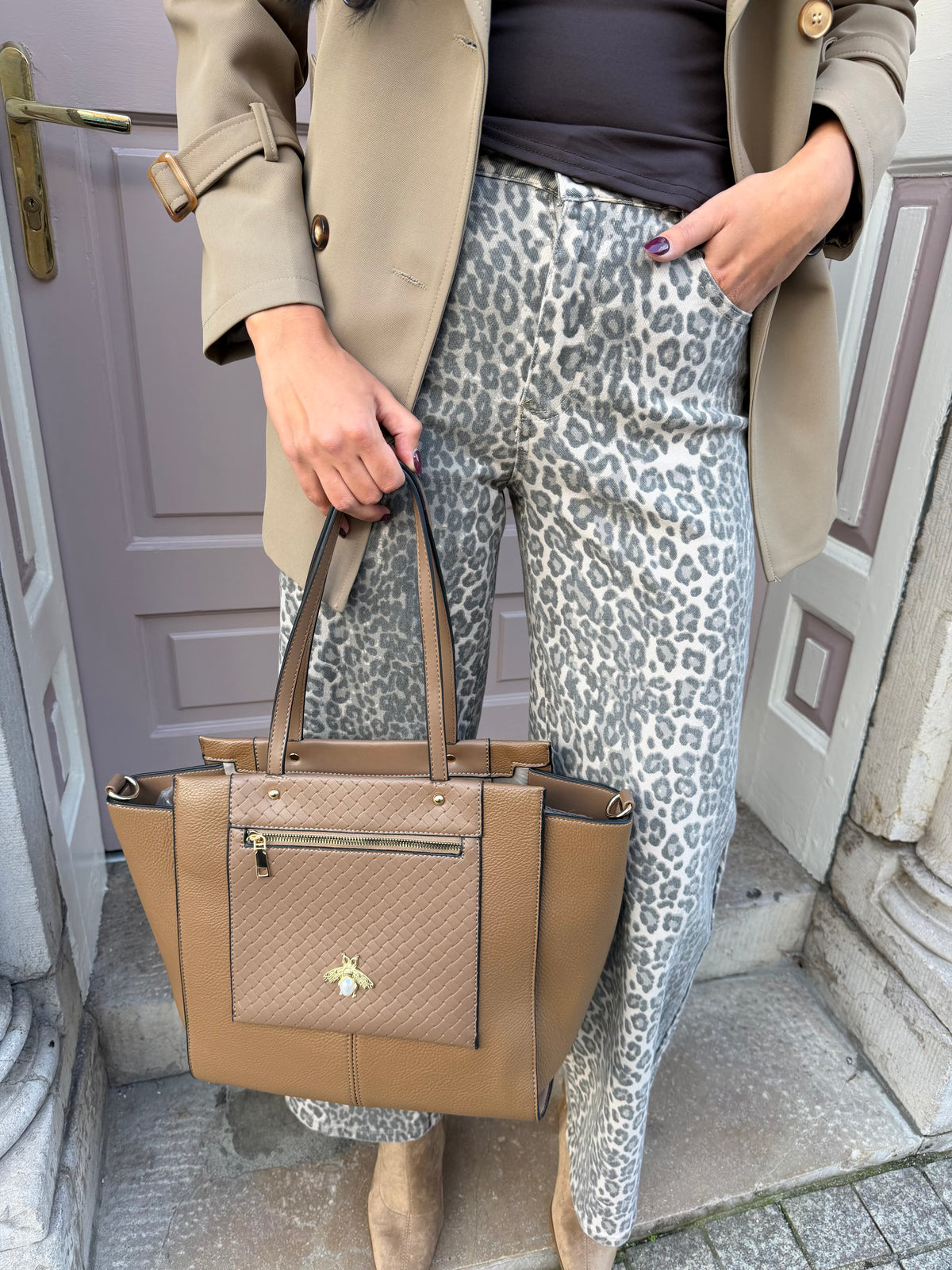 Gold Bee Detail Shoulder Tote Handbag
