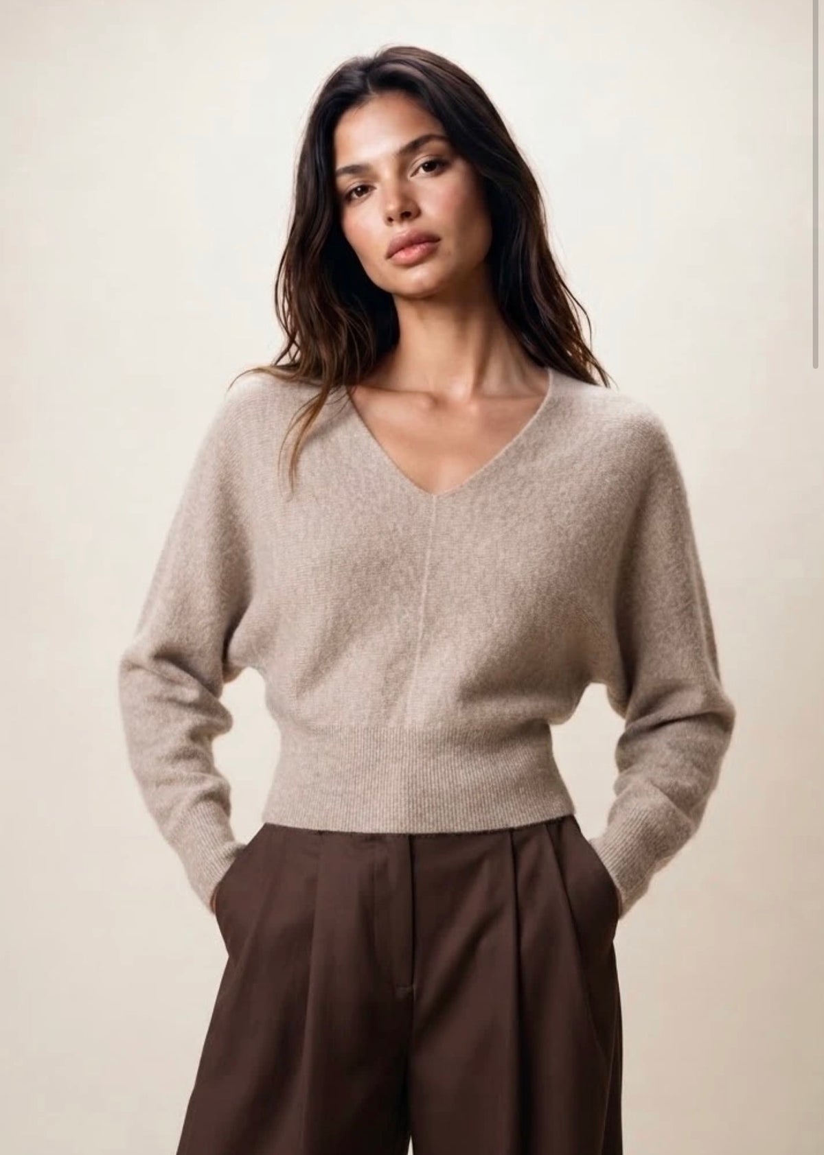 Beige V Neck Bat Wing Knit Jumper
