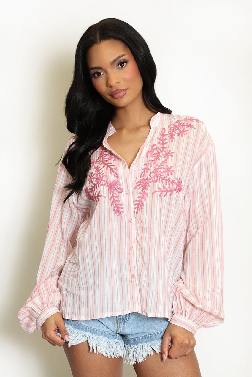 Pink Leaf Embroidered Striped Blouse