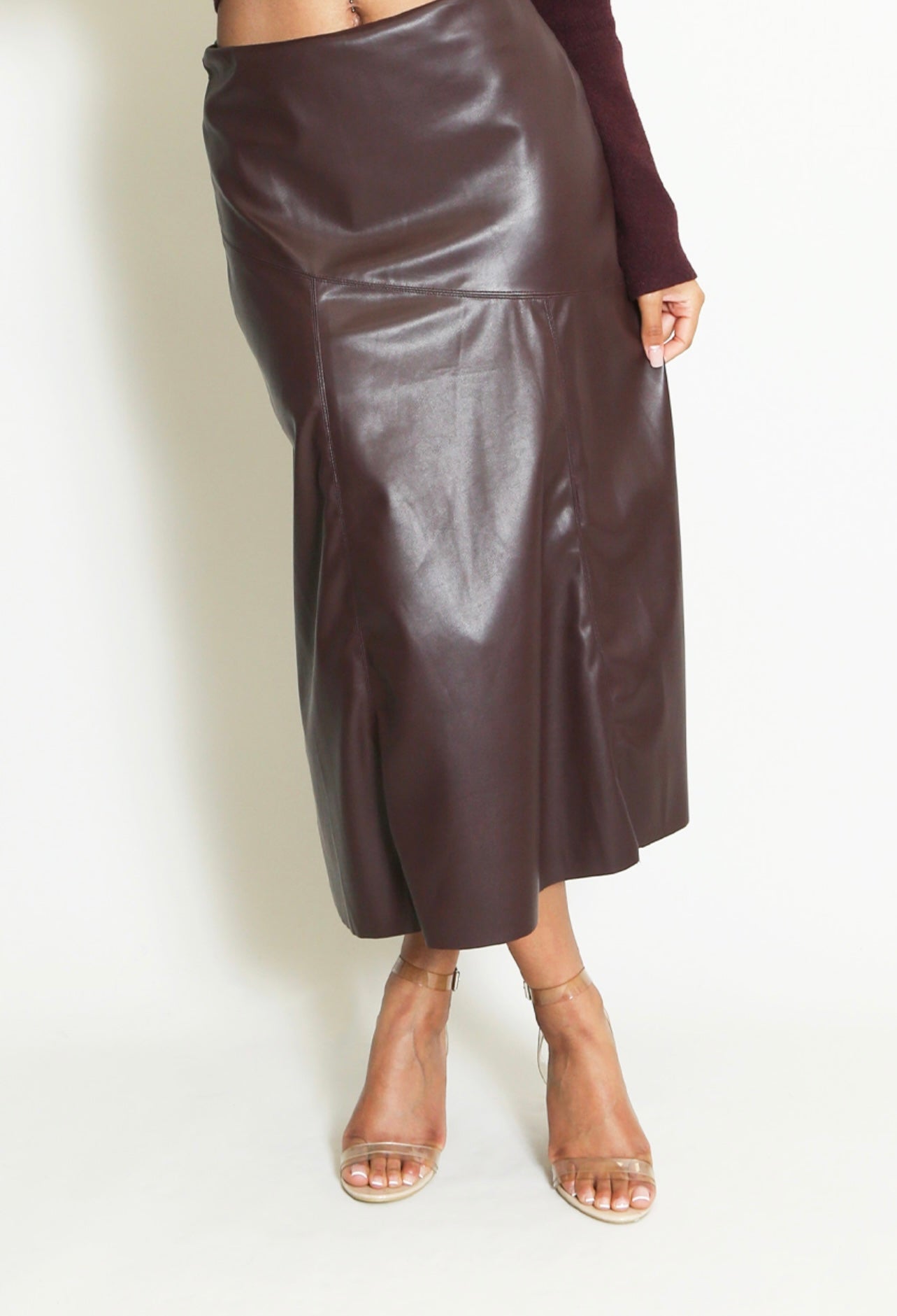 Brown Faux Leather A Line Skirt
