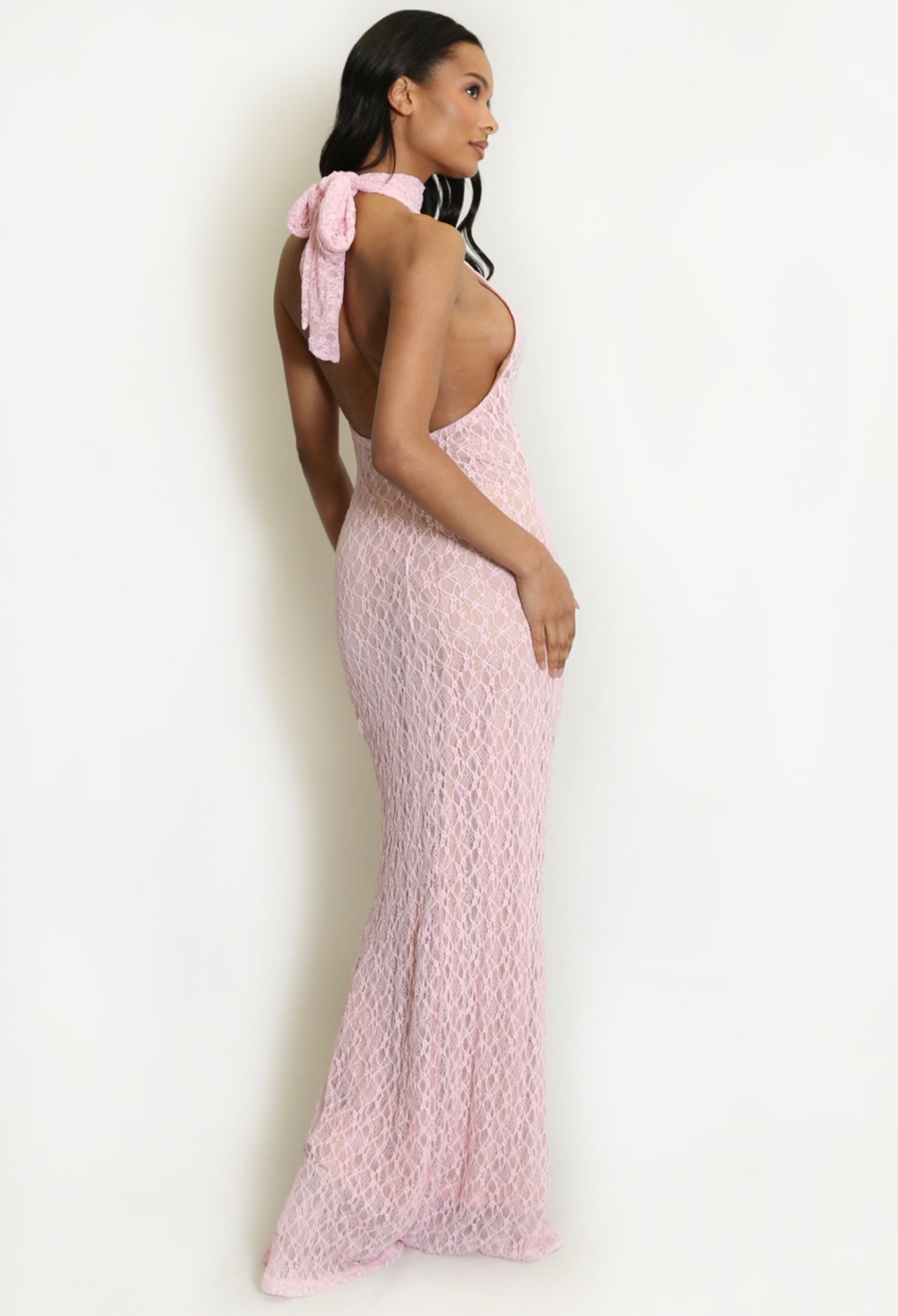 Pink Lace Halter Neck Maxi Dress
