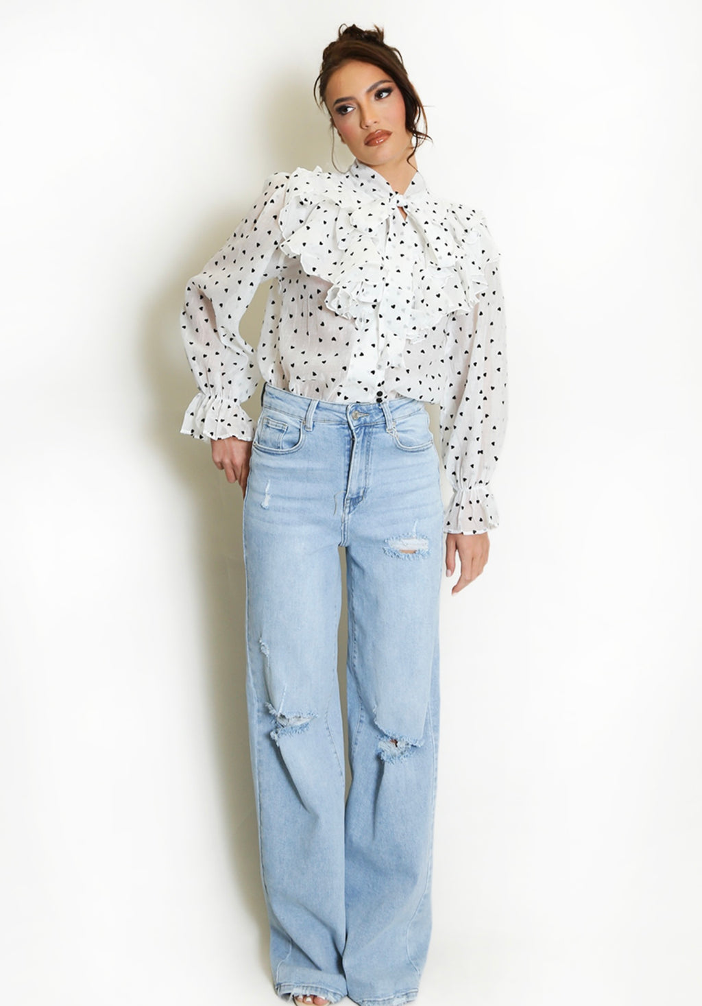 White Hearts Print Tie Neck Chiffon Blouse