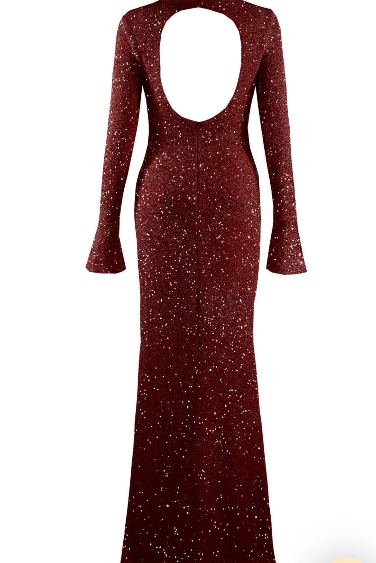 Wine Sequin Open Back Long Sleeves Maxi Dress