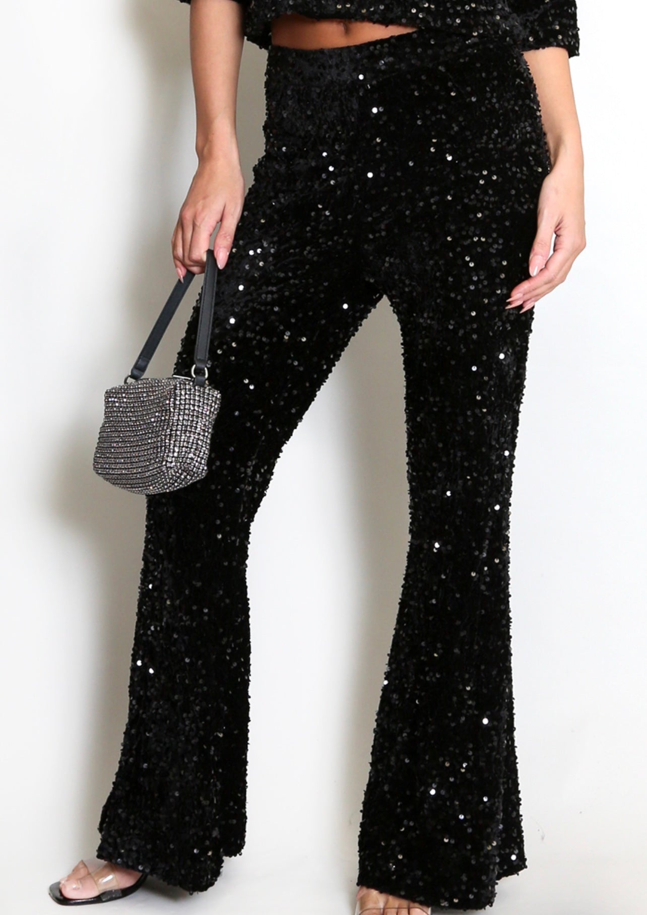 Black Sequin Flare Leg Trousers