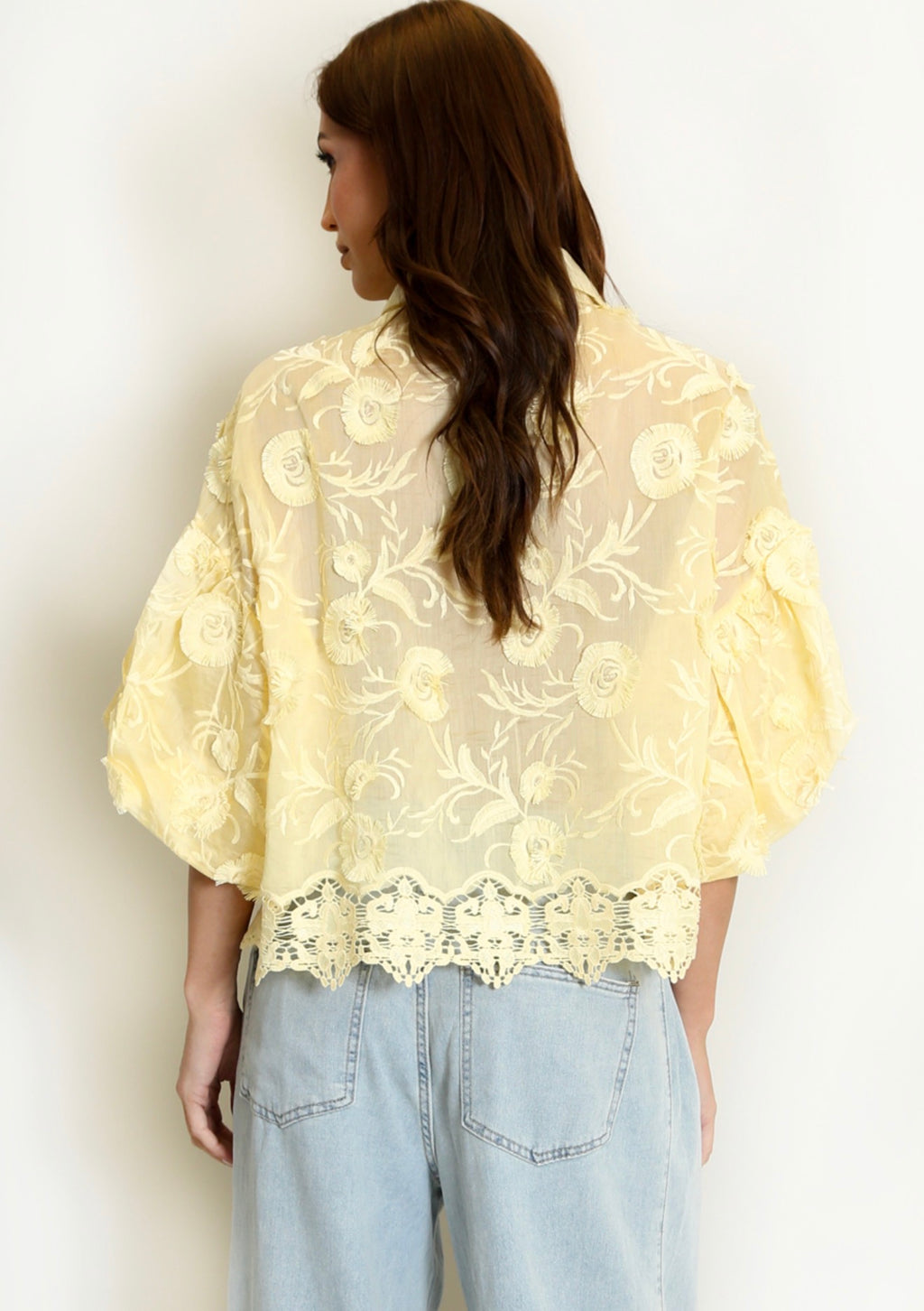 Lemon Lace Embroidered Puff Sleeve Blouse
