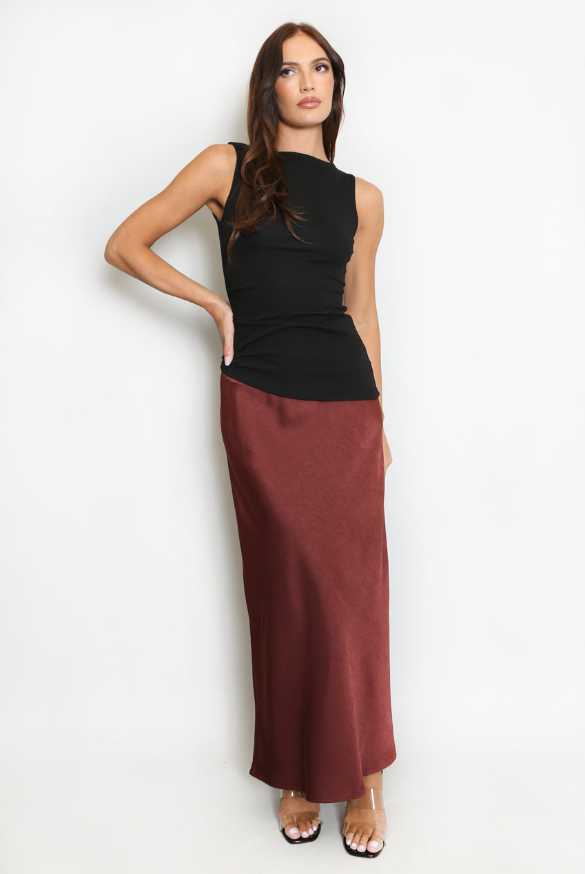 Burgundy Textured Satin Skirt