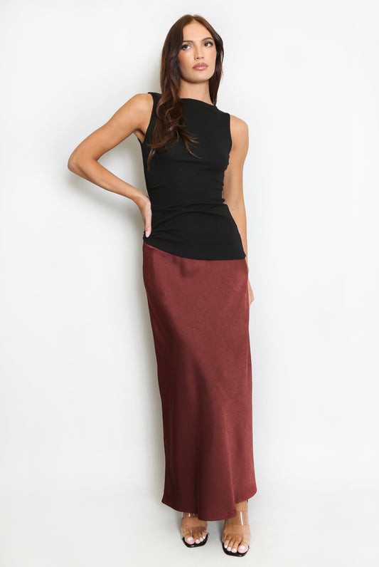 Burgundy Textured Satin Skirt