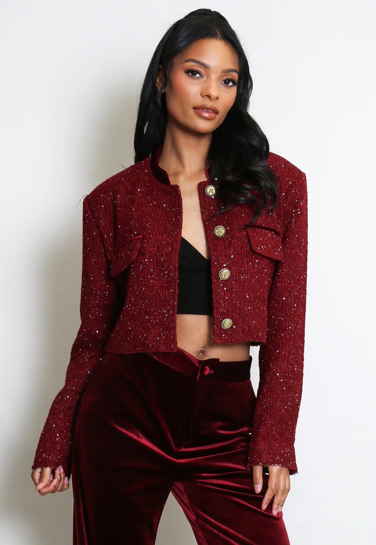 Burgundy Tweed Sequin Cropped Blazer