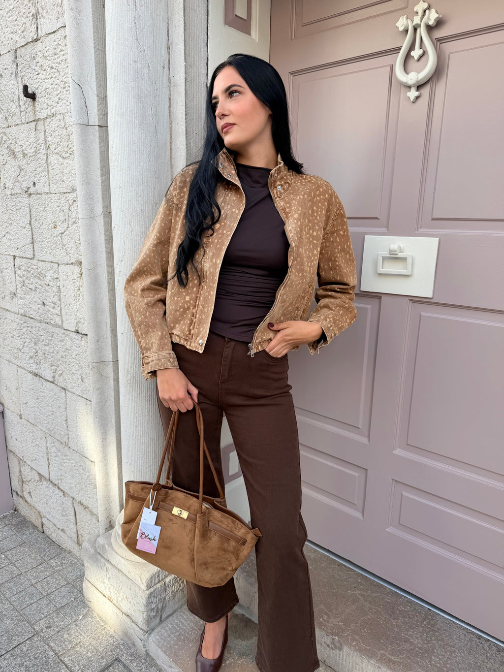 Camel Dear Print Denim Jacket
