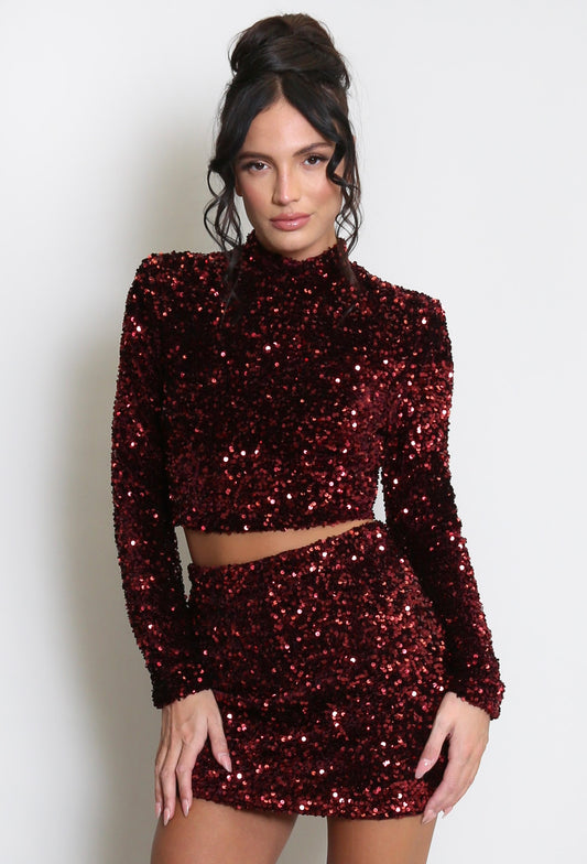 Burgundy High Neck Sequin Long Sleeve Top