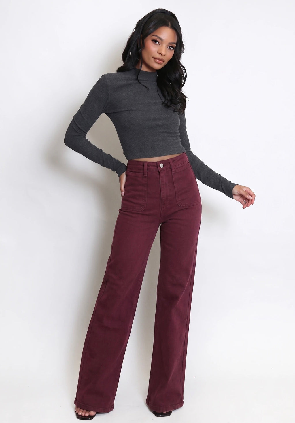 Burgundy Denim High Waist Flare Jeans