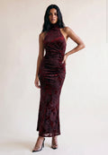 Burgundy Ruched Halter Neck Maxi Dress