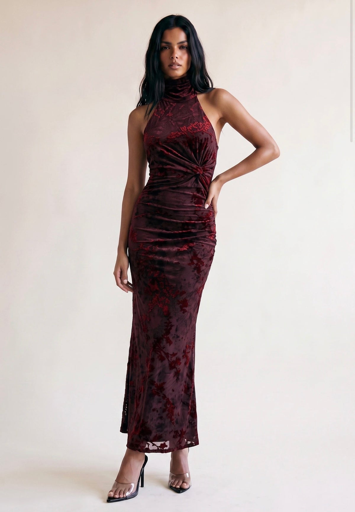 Burgundy Ruched Halter Neck Maxi Dress