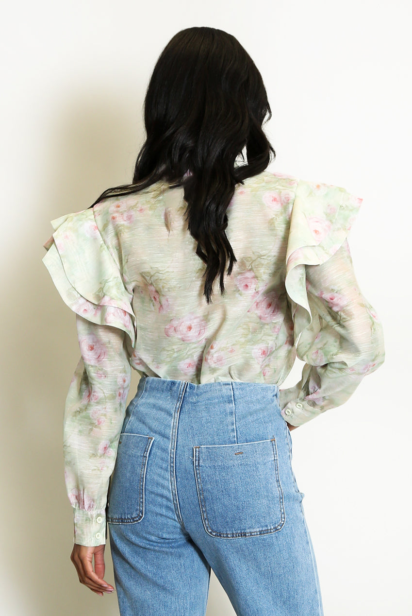 Green Vintage Floral Print Pussy Bow Blouse