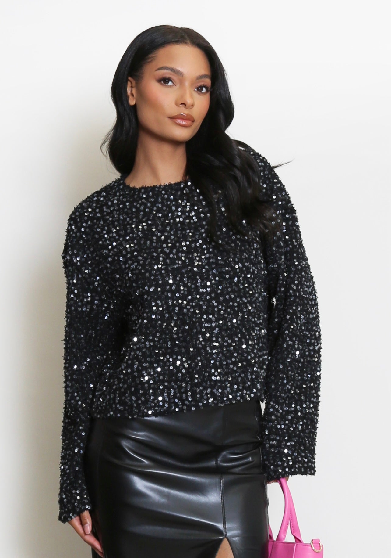 Black Sequin Tweed Long Sleeve Top