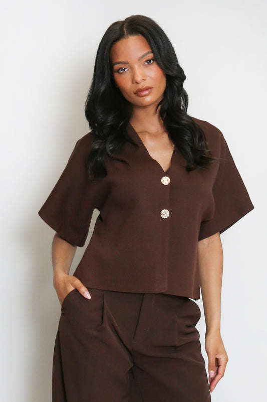 Brown Fine Knit Short Sleeve Cardigan